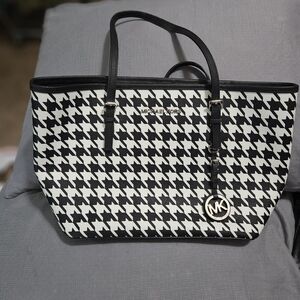 Michael Kors Black & White Houndstooth Tote with MK Charm